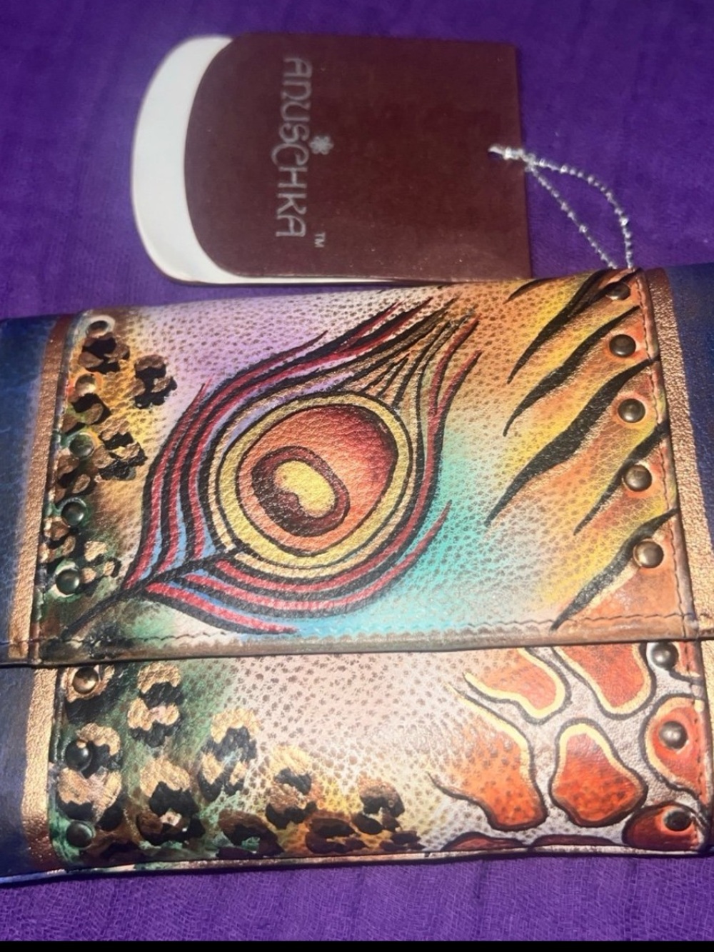 NWT ANUSCHKA “PEACOCK SAFARI” HAND-PAINTED GENUINE LEATHER WALLET